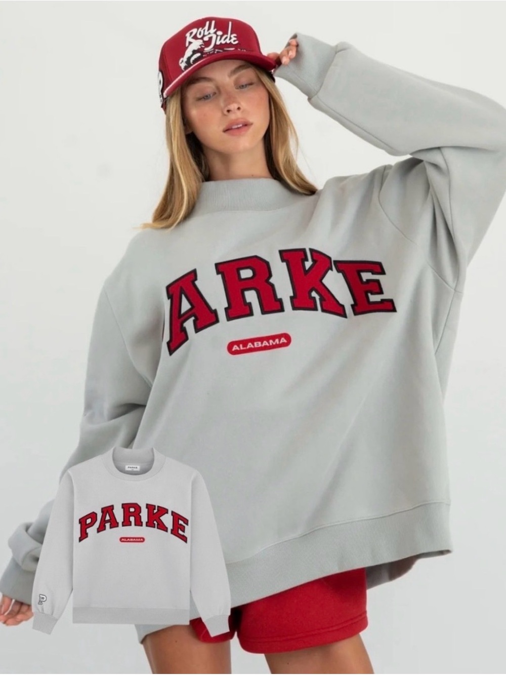 Parke Women's Oversized Crewneck Sweater - Light Gray with Red Logo